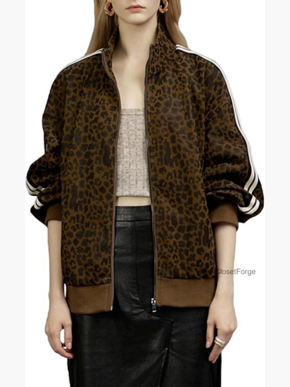 Faux Leather Zip Up Leopard Lightweight Jacket